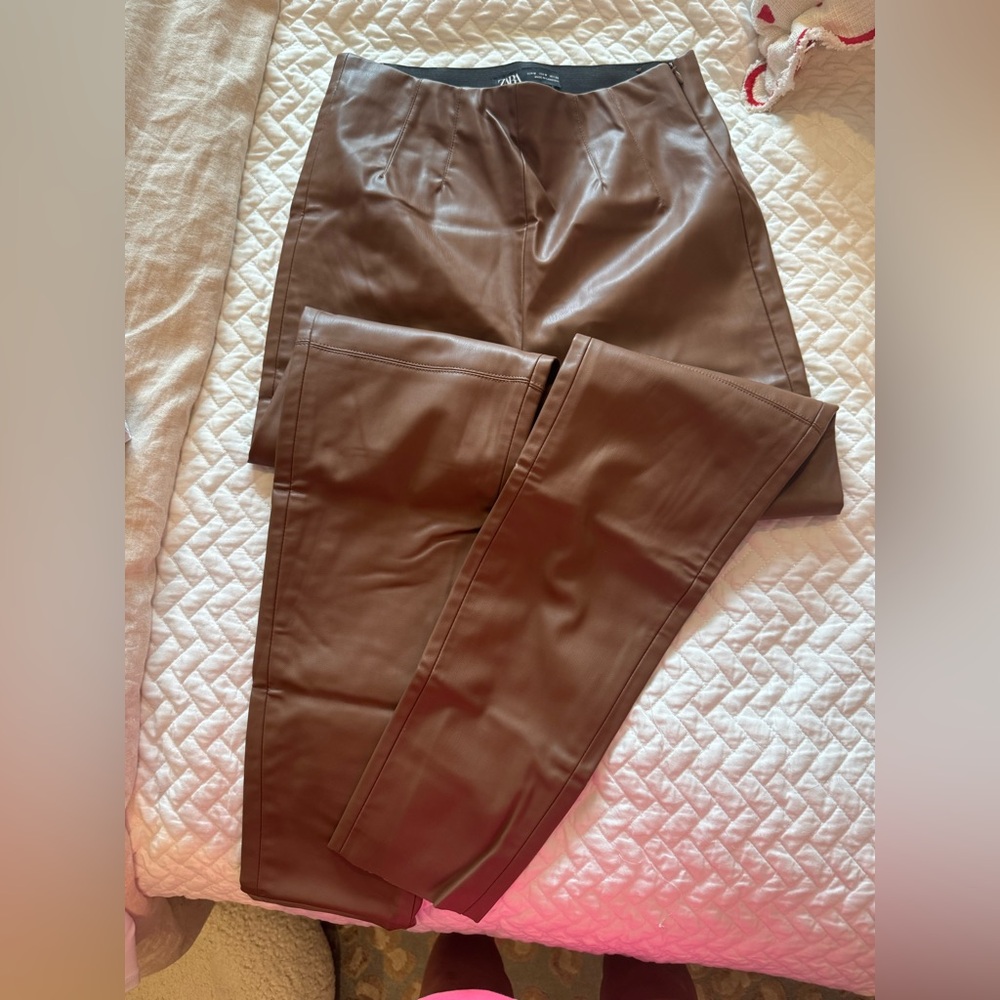 Zara brown leather pull on legging pants size medium